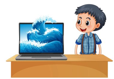 Dizüstü bilgisayarın yanındaki çocuk ekranda arkaplan illüstrasyonuyla