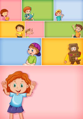 Farklı arkaplan resimlerinde farklı çocuk karakterleri kümesi