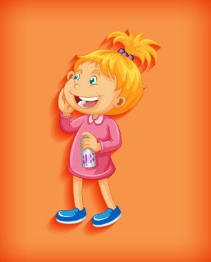 Ayakta gülümseyen sevimli küçük kız çizgi film karakteri turuncu arka planda izole edilmiş.