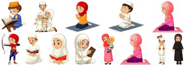 Beyaz arkaplan resimlerinde izole edilmiş farklı müslüman çizgi film karakterleri.