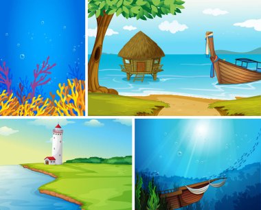 Dört farklı tropikal plaj sahnesi ve deniz altı karikatür tarzı illüstrasyon.