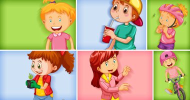 Farklı arkaplan resimlerinde farklı çocuk karakterleri kümesi