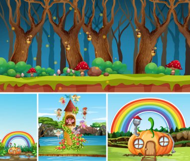 Fantezi dünyasının dört farklı sahnesi ve balkabağı evi ve perili kale ve gece ormanı illüstrasyonu gibi fantezi karakterleri.