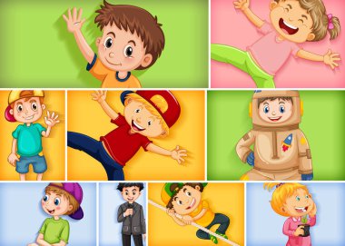 Farklı arkaplan resimlerinde farklı çocuk karakterleri kümesi