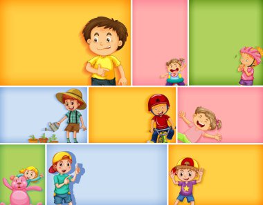 Farklı arkaplan resimlerinde farklı çocuk karakterleri kümesi