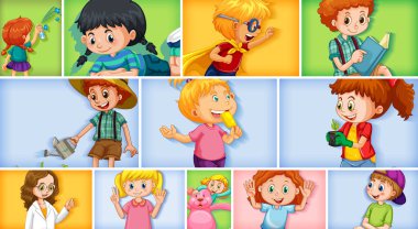 Farklı arkaplan resimlerinde farklı çocuk karakterleri kümesi