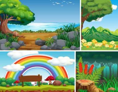 Dört farklı orman manzarası ve harika bir bahçe karikatürü çizimi.