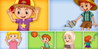 Farklı arkaplan resimlerinde farklı çocuk karakterleri kümesi