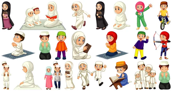 Sada Různých Muslimských Lidí Kreslený Znak Izolované Bílém Pozadí Ilustrace — Stockový vektor