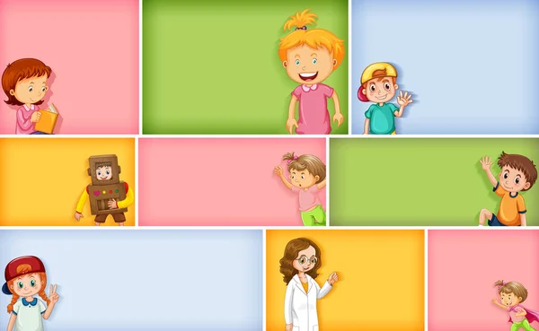 Conjunto Diferentes Personajes Infantiles Diferentes Ilustraciones Fondo Color — Vector de stock