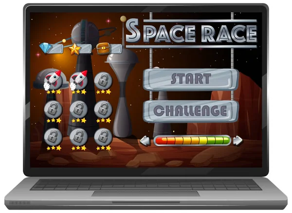 ラップトップ画面のイラスト上の宇宙冒険ミッションゲーム — ストックベクタ