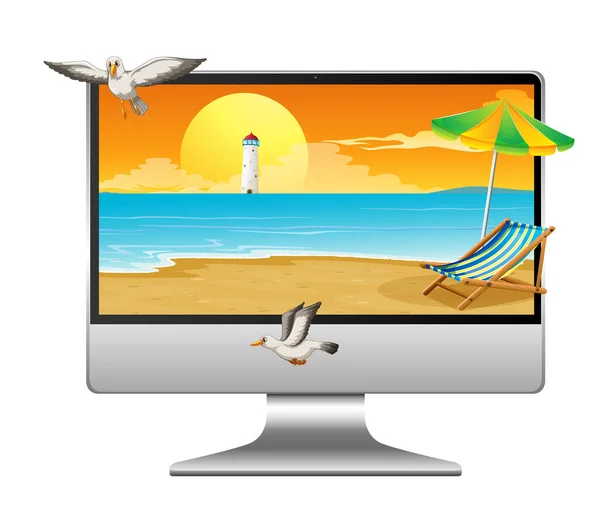 Καλοκαίρι Σκηνή Στον Υπολογιστή Desktop Εικονογράφηση — Διανυσματικό Αρχείο