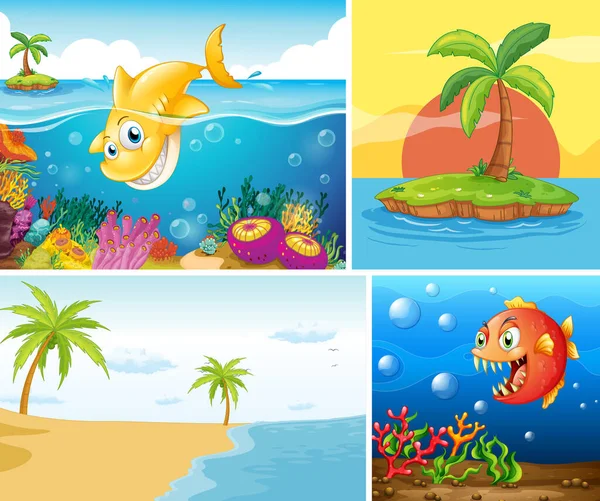 熱帯のビーチと海の生き物のイラストと水中の4つの異なるシーン — ストックベクタ