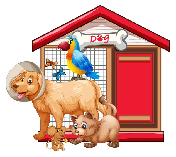 Hundekäfig Mit Animal Group Cartoon Isolierte Illustration — Stockvektor