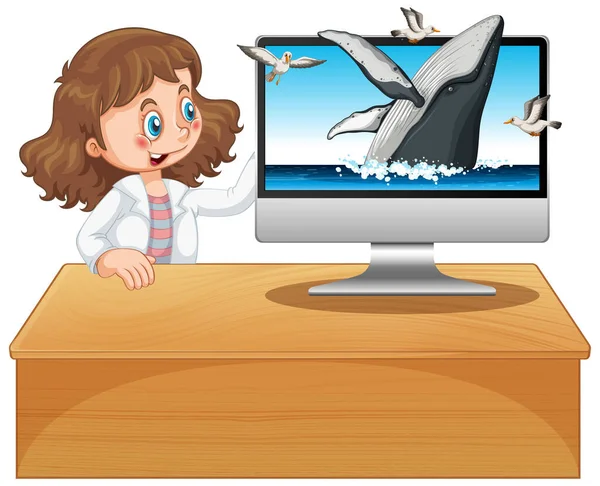 Mädchen Neben Computer Mit Buckelwal Hintergrund Illustration — Stockvektor