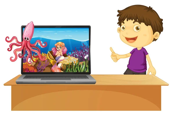 Junge Neben Laptop Mit Meerjungfrau Auf Dem Bildschirm — Stockvektor