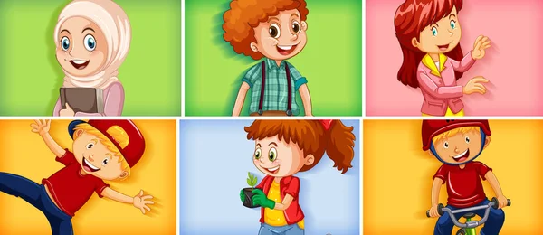 Set Different Kid Characters Different Color Background Illustration — Stock Vector
