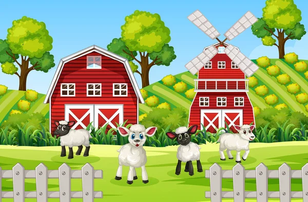 Scène Ferme Dans Nature Avec Grange Moulin Vent Moutons Illustration — Image vectorielle