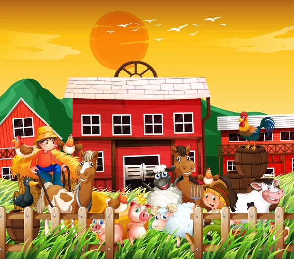 Farm Nature Scene Farm House Animal Farm Sunset — Διανυσματικό Αρχείο