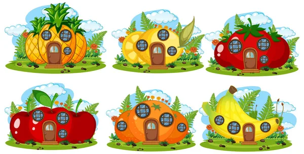 Conjunto Frutas Casa Fadas Ilustração —  Vetores de Stock
