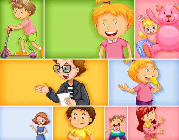 Conjunto Diferentes Personajes Infantiles Diferentes Ilustraciones Fondo Color — Vector de stock