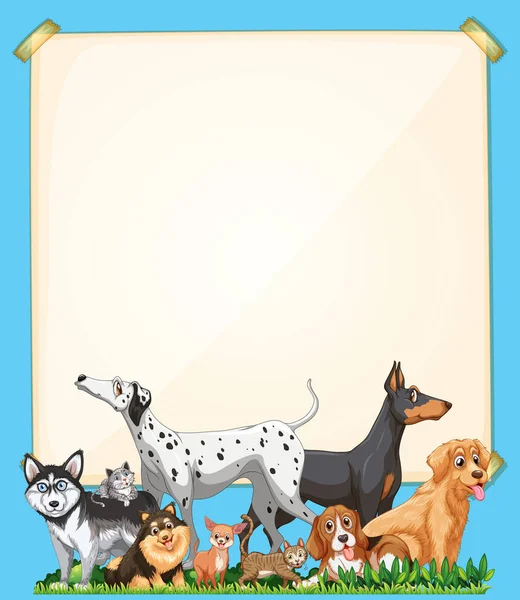 Leeres Papier Mit Niedlicher Hundegruppe Auf Blauem Hintergrund — Stockvektor