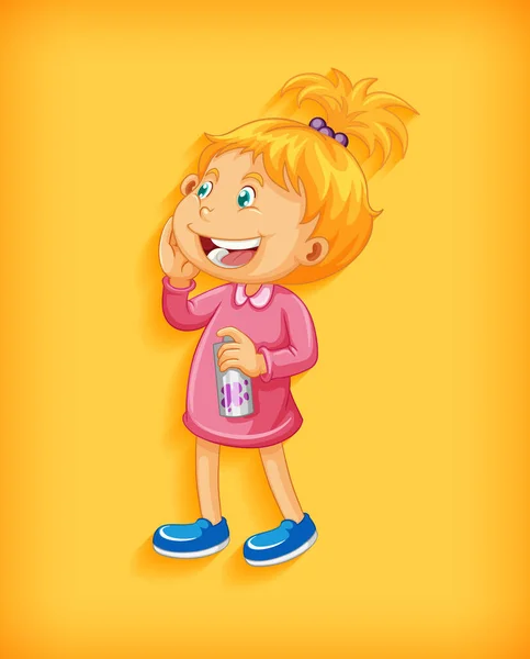 Menina Bonito Sorrindo Personagem Cartoon Posição Isolada Fundo Amarelo Ilustração —  Vetores de Stock