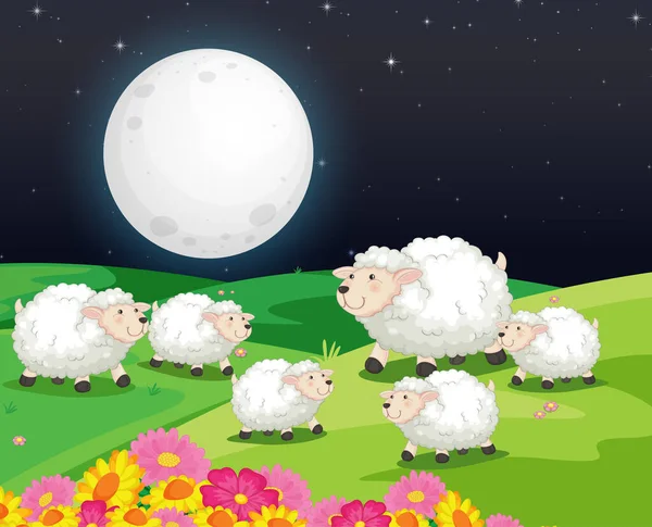 Cena Fazenda Com Ovelhas Bonitos Noite Ilustração — Vetor de Stock