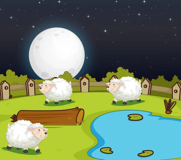 Scène Ferme Avec Des Moutons Mignons Nuit Illustration — Image vectorielle