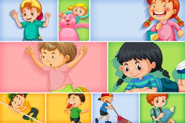 Farklı arkaplan resimlerinde farklı çocuk karakterleri kümesi