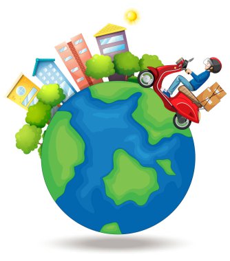 Şehir ve bisikletçi ya da teslimatçı.