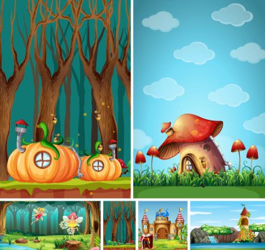 Fantezi dünyasının altı farklı sahnesi ve balkabağı evi ve periler gibi fantezi karakterleri.