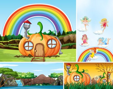 Fantezi dünyasının dört farklı sahnesi. Periler ve balkabağı evi çizimleri gibi fantezi karakterleri.