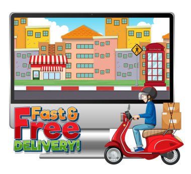 Bisikletli ya da kuryeli bilgisayar ve hızlı ve ücretsiz dağıtım logosu çizimi