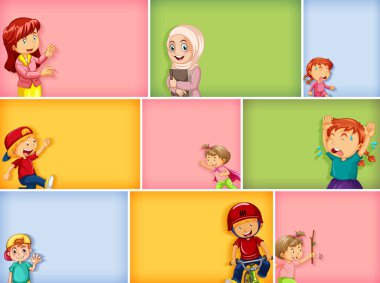 Farklı arkaplan resimlerinde farklı çocuk karakterleri kümesi