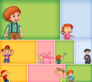 Farklı arkaplan resimlerinde farklı çocuk karakterleri kümesi