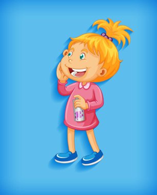 Mavi arkaplanda izole edilmiş, ayakta gülümseyen sevimli küçük kız çizgi film karakteri.