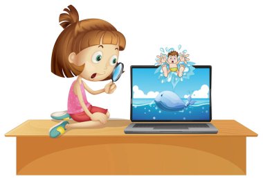 Kız büyüteçten dizüstü bilgisayara bakıyor.