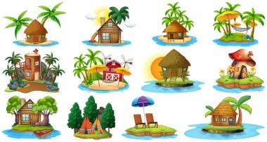 Set of different bangalows and island beach theme and amusement park isolated on white background illustration clipart
