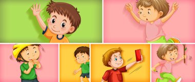 Farklı arkaplan resimlerinde farklı çocuk karakterleri kümesi