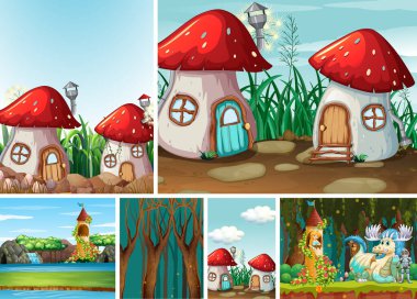 Fantezi dünyasının altı farklı sahnesi ve ejderha ve mantar evi çizimi gibi fantezi karakterleri.