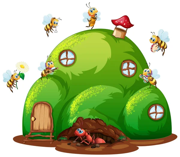 Szene Mit Ameise Und Bienen Auf Dem Hügel Haus Illustration — Stockvektor