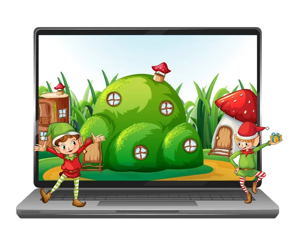 Elf Laptop Screen Desktop Illustration — Stock Vector