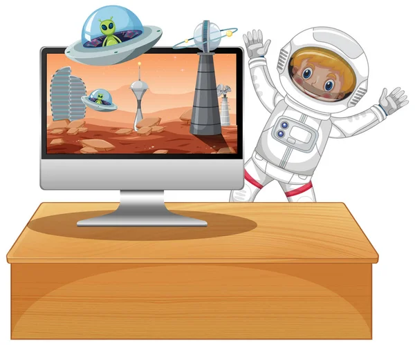 Space Scen Datorn Skrivbord Bakgrund Illustration — Stock vektor