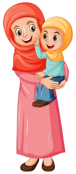 阿拉伯穆斯林母亲和女儿穿着传统衣服 用白色背景图解隔开 — 图库矢量图片