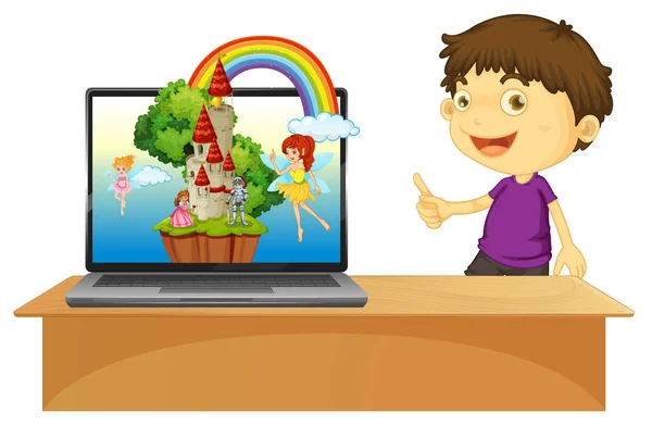 Boy Next Computer Castle Desktop Screen Background Illustration — Stock Vector