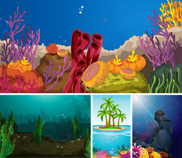 Four Different Scene Tropical Beach Underwater Sea Creater Illustration — Stock Vector