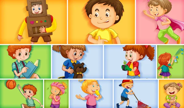 Set Különböző Gyerek Karakterek Különböző Színű Háttér Illusztráció — Stock Vector