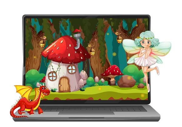 电脑屏幕插图上的童话故事 — 图库矢量图片