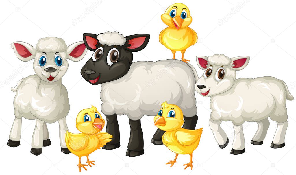 Group of cute animal farm cartoon character isolated illustration